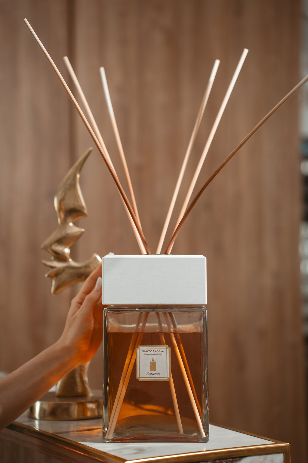 Difuzor cu bețișoare Tabacco e Agrumi — parfum de ambient premium, handmade în Italia — cadru lifestyle, ambianță de interior