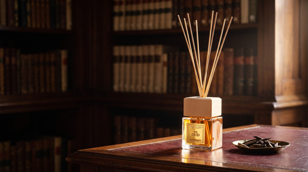 Difuzor de parfum OUD N°6 pe un birou de piele, într-o bibliotecă romană